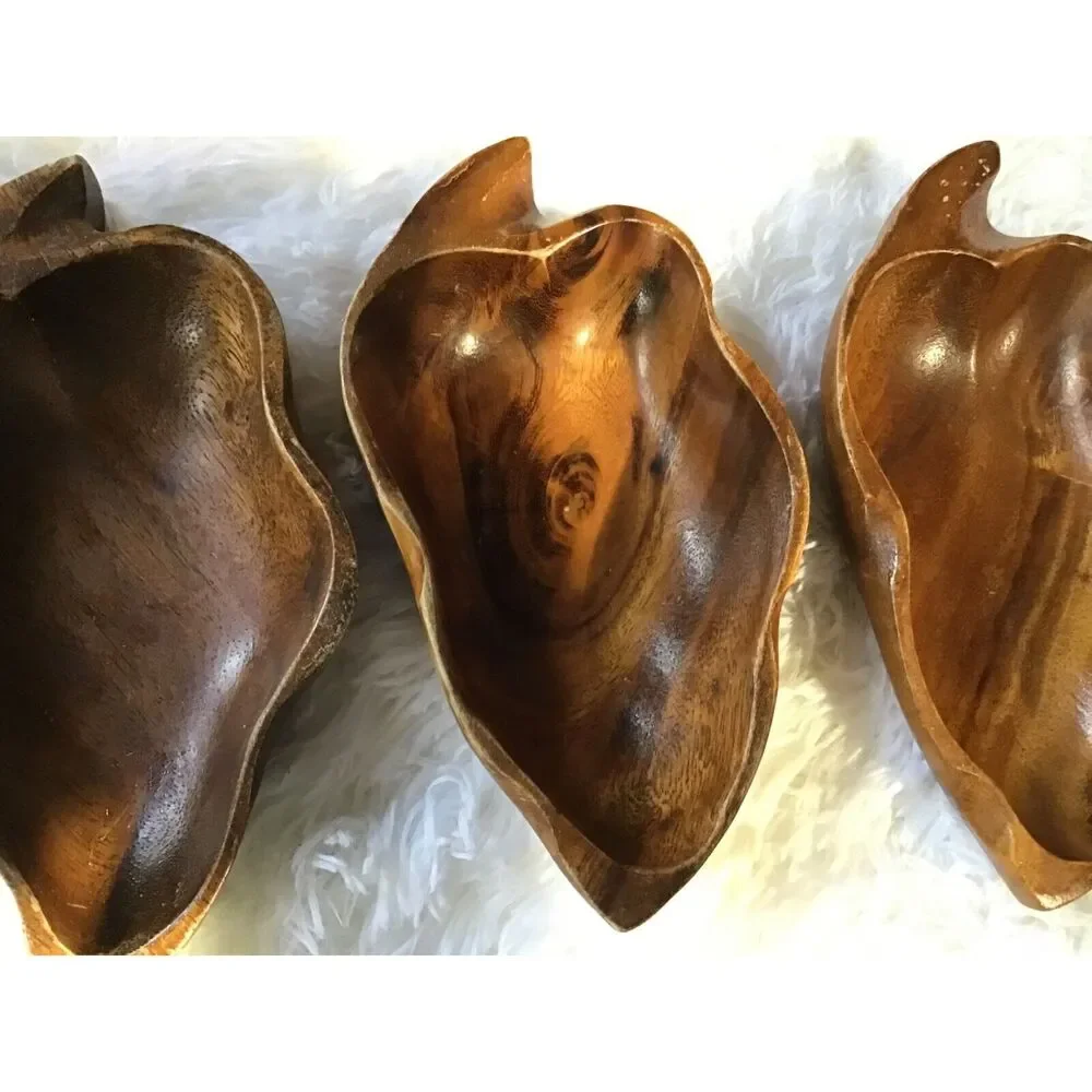 Mid Century Wooden Leaf Salad Bowl Set 5 Pc Vintage Primitive Serving Bowls